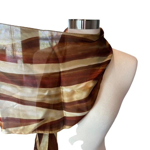 Vintage Casual Corner Scarf Womens Silk Lightweight Neck Scarf Brown Tan - Picture 7 of 8